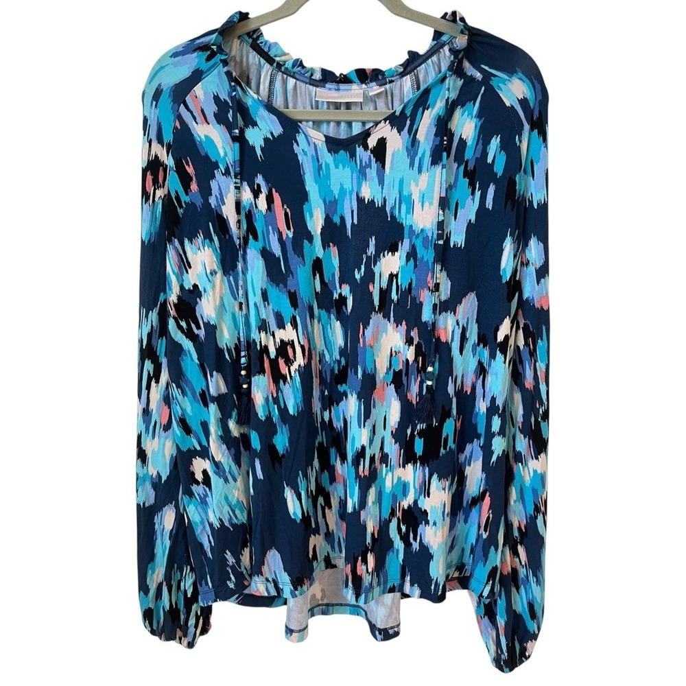 Belle by Kim Gravel Top Womens XL Blue Abstract Ikat Ruffle Liquid Knit Boho Art